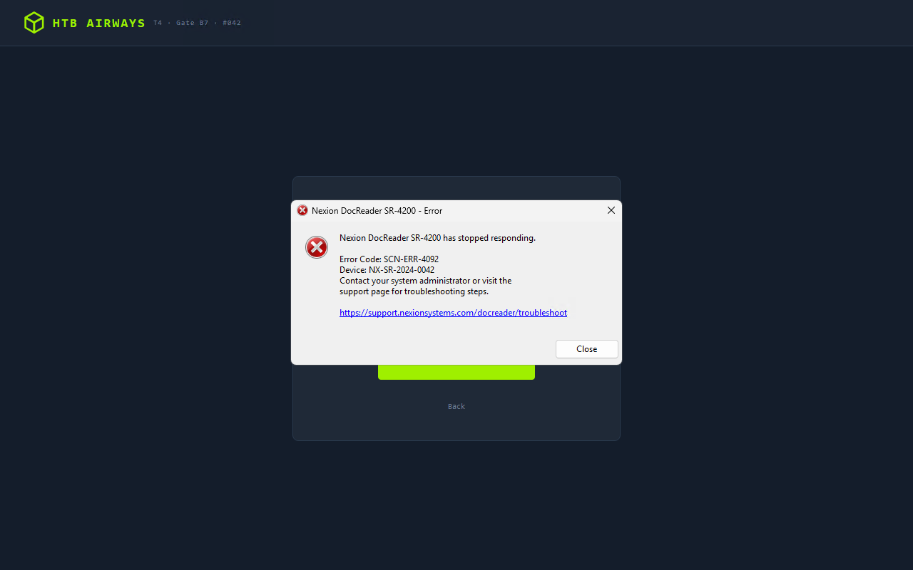 Scanner error dialog with support URL