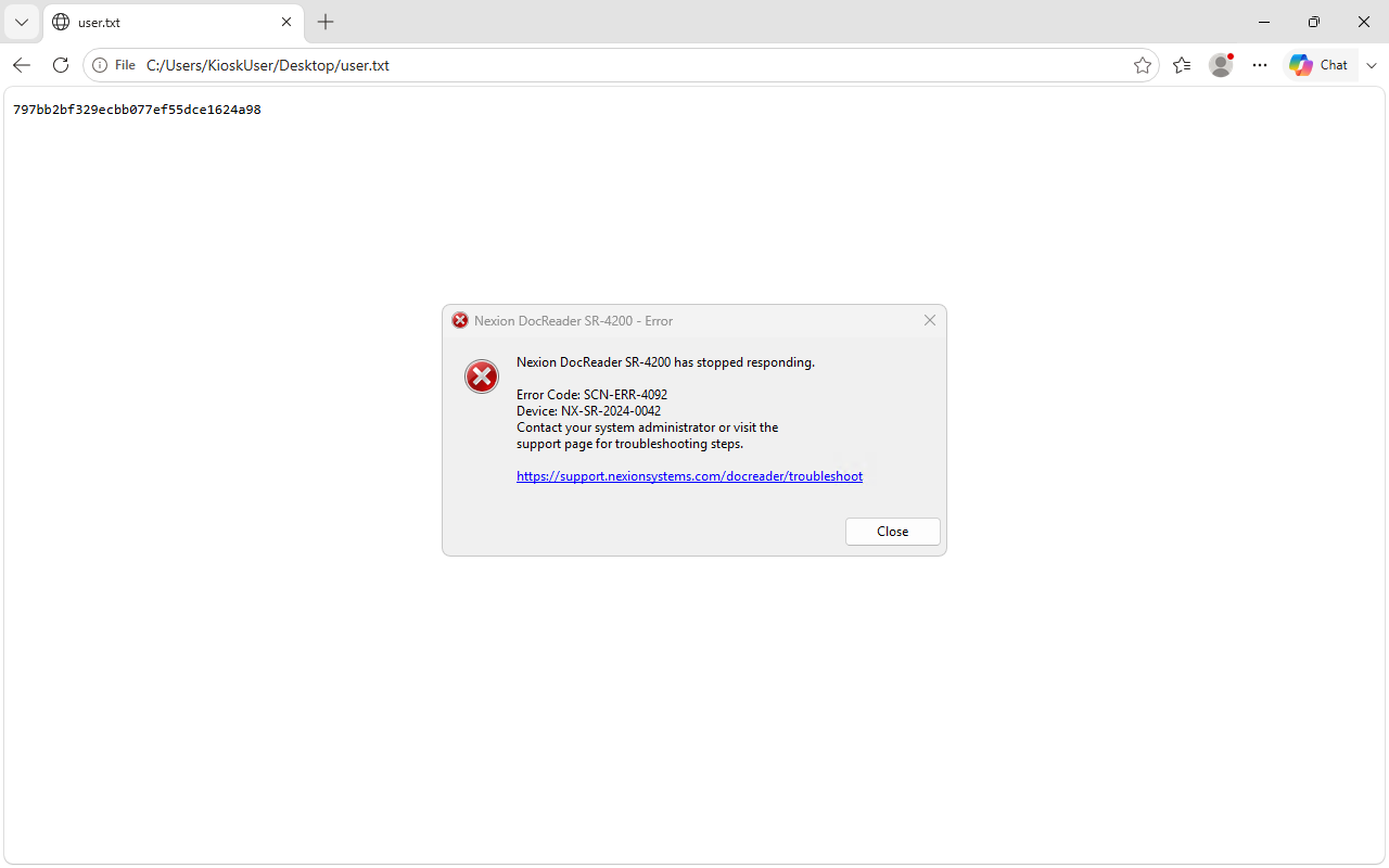 Edge open behind the error dialog, showing user.txt from a previous file:// navigation